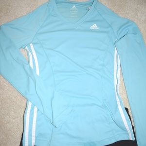 Adidas Long Sleeve Mesh V-Neck Athletic Top Blue S
